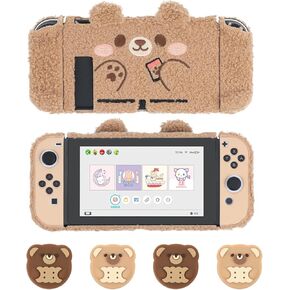 GeekShare Plush Bear Switch Protective Case & Cookie Bear Thumb Grip Caps Compatible with Nintendo Switch OLED