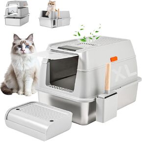 Cat Litter Box Enclosed XL Extra Large Stainless Steel Litter Box with Lid for Big Cats, Removable Metal Litter Box with High Sided Enclosure & Scoop, Anti-Leakage, Non-Sticky, Easy Cleaning(Grey)