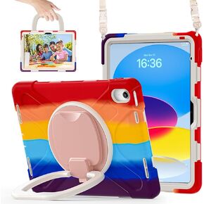 Case for iPad 11th Generation 11" (A16) 2025,iPad 10th Generation 10.9" 2022,Shockproof Cover for Kids with Screen Protector,Rotating Stand,Pencil Holder,Shoulder Strap (Red+Black)