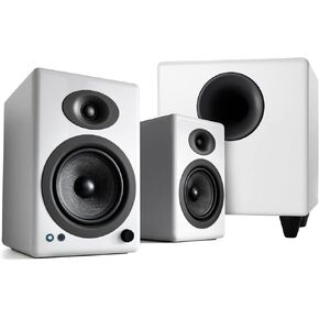Audioengine A5 White 150W Powered Bookshelf Speakers and 250W S8 White Subwoofer with Remote