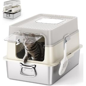 EasyLift Stainless Steel Cat Litter Box with Lid, XL Covered Metal Litter Box with High Sides, Easy Carry Handles, Removable Lid & Scoop, Odor Free, Non-Sticky, Anti-Leakage, Easy Cleaning
