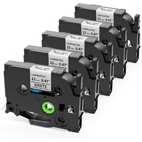 5Pack Replacement for Brother P Touch Label Tape TZe 12mm 0.47 Laminated White TZ Black on White Refills Compatible with Brother label maker P Touch PT-D210 D220 H110 1000 1280 D400 Cube, 1/2" x 26.2'