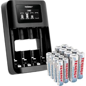Tenergy TN474U Charger and 16 Pack Premium Rechargeable Batteries, 8xAA Batteries, 8X AAA Batteries, Ideal for High Performance Professional Electronic Equipments
