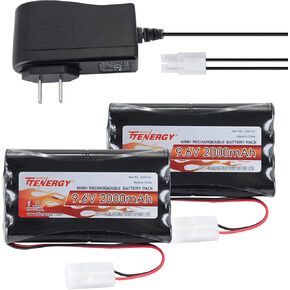 Tenergy 2 Pack 9.6V Flat NiMH Battery Packs and Charger for RC Cars High Capacity 8-Cell 2000mAh Rechargeable Battery Pack, Replacement Hobby Battery Pack with Standard Tamiya Connectors
