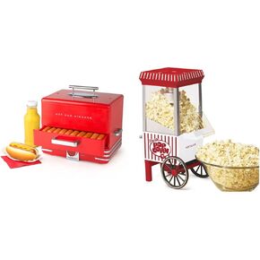 Nostalgia Extra Large Diner-Style Steamer 20 Hot Dogs and 6 Bun Capacity, Perfect for Breakfast Sausages, Brats, Vegetables, Fish | Nostalgia Popcorn Maker, 12 Cups, Hot Air Popcorn Machine with Measuring Cap, Oil Free, Vintage Movie Theater Style, White 