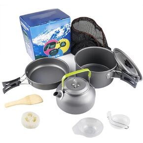 Camping Cookware Kit, Pot Pan Kettle Set Outdoor Portable Cooking Kit Utensil Set for 3 People Hiking Picnic Travel