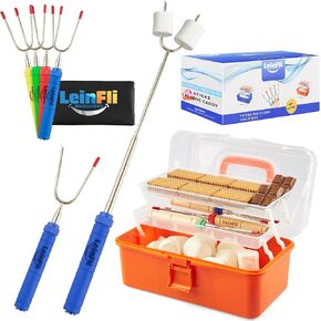 Make Your Camping Trip Unforgettable with LeinFli Innovators Smores Kit - 2 Folding Trays, 4 Extendable Sticks and keep your Supplies well Organized (Orange)