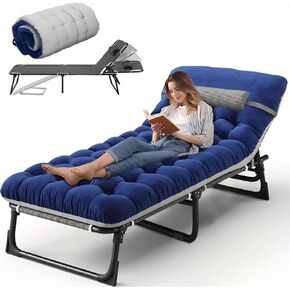 Portable Camping Cot for Adults with Removable Mattress, Double Layer 1200D 330lb Foading Cot, Heavy Duty Camping Bed with Pillow, 4-Position Reclining for Guest Sleeping (Blue Gray)