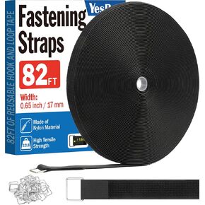 0.65" x82ft Hook and Loop Straps with 40 Metal Buckles, Adjustable Fastening Cinch Straps, Cut to Length Cable Straps, Reusable Nylon Straps 0.65 Inch Wide for Organizer or Storage, Black