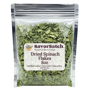 SavorSatch Dried Spinach Flakes – Dehydrated Spinach Leaves, 8oz Resealable Pouch, Certified Kosher, Emergency Food Supply for Cooking, Camping, Backpacking, Soups, Sauces, Dips, Breads & Seasoning
