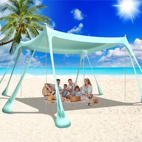 Beach Tent Canopy Pop Up Shade 10x10ft Sun Shelter Portable with UPF50+ UV Protection 8 Sandbags, 4 Aluminum Poles, 2 Sand Shovel, Ground Pegs Carrying Bag for Outdoor Camping Fishing Yard Picnics
