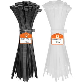 Colored Zip Ties 12 Inch 200 Pack, Black & White Cable Ties, 75lbs Tensile Strength Self-Locking Plastic Tie Straps for Indoor and Outdoor Use