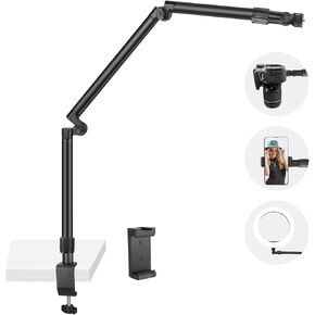 Desk Camera Mount Stand for DSLR Camera Webcam, Overhead Camera Mount Desk Stand, Adjustable Flexible Articulating Camera Arm Desk Mount with Phone Holer for Microphone Video Light Projector