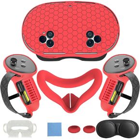 Silicone Cover Set Compatible with Meta Quest 3S, VR Accessories for Oculus/Meta Quest 3S Skins and Wraps, Includes Controller Grips Cover, Face Cover, Lens Protector Cover, VR Set, Red