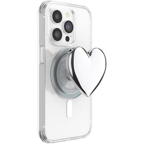 PopSockets Round Phone Grip Compatible with MagSafe, Adapter Ring Included, Phone Holder, Wireless Charging Compatible - Heart of Silver (Silver PopOut)