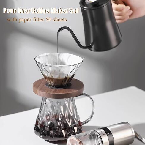 Pour Over Coffee Maker Set, 600 ml Borosilicate Glass Coffee Pot with 50 pcs V60 Paper Filter, 1-3 Cup Pour Over Coffee Dripper for Home, Café Restaurant (Clear) in Saudi Arabia