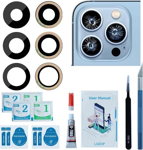 Rear Camera Lens Glass Replacement with Adhesive Pre-Installed Compatible for iPhone 13 Pro / 13 Pro Max (3 Pieces/Set) with Repair Tools and Installation Manual in Saudi Arabia