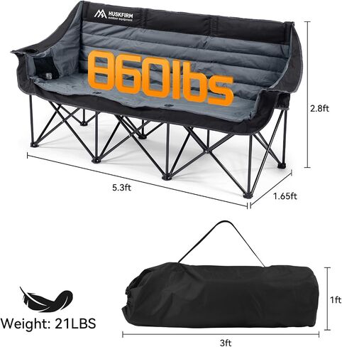 3 Person Camping Chairs Folding Double Camping Chair Portable Oversized Loveseat Padded Camp Chair Heavy Duty Camping Couch for Adults Outdoor Lawn with Two Cup Holders and Carry Bag in Saudi Arabia