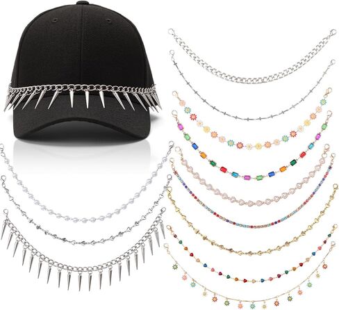 12 Pcs Trucker Hat Chains Detachable DIY Metal/Turquoise/Pearl Chains Mesh Baseball Cap Brim Necklace Purse Trucker Hat Decor Accessories in Saudi Arabia