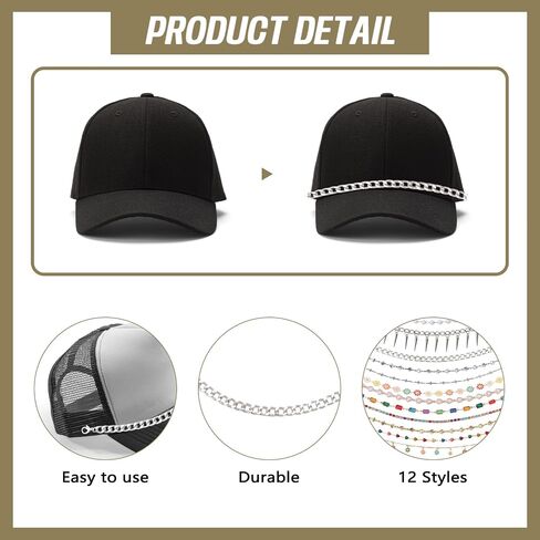 12 Pcs Trucker Hat Chains Detachable DIY Metal/Turquoise/Pearl Chains Mesh Baseball Cap Brim Necklace Purse Trucker Hat Decor Accessories in Saudi Arabia