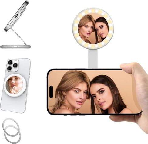 مرآة سيلفي سيلفي 3 في 1 مع ضوء LED لأجهزة iPhone و Android والكمبيوتر المحمول والوردي و 3 سطوع و 3 أوضاع ضوئية ، مع حلقتين معدنيتين ، وقف مع هدية Magsafe لالتقاط صور شخصية in Kuwait