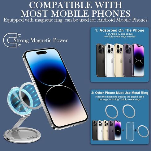 مرآة سيلفي سيلفي 3 في 1 مع ضوء LED لأجهزة iPhone و Android والكمبيوتر المحمول والوردي و 3 سطوع و 3 أوضاع ضوئية ، مع حلقتين معدنيتين ، وقف مع هدية Magsafe لالتقاط صور شخصية in Kuwait