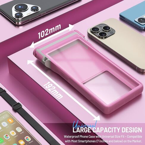 Large Floating Waterproof Phone Case with Lanyard for Snorkeling & Diving - Underwater Phone Pouch Compatible with i-Phone 16/15/14 Pro Max, Galaxy All Series, Beach and Pool Water Park (Pink) in Saudi Arabia