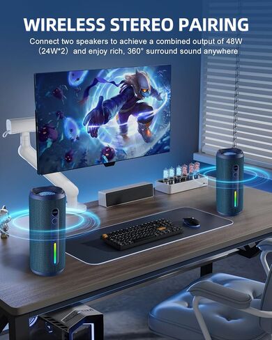 OHAYO Portable Bluetooth Speaker - IPX7 Waterproof, Wireless Stereo Pairing, 25-Hour Playtime, 24W Loud Sound, Bluetooth 5.3, Bass Boost, LED Lights, for Home/Shower/Outdoor/Beach/Travel, Gift Ideas in Kuwait