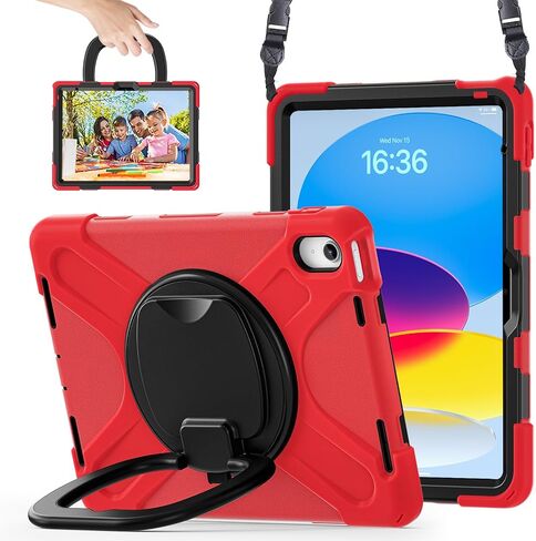 Case for iPad 11th Generation 11" (A16) 2025,iPad 10th Generation 10.9" 2022,Shockproof Cover for Kids with Screen Protector,Rotating Stand,Pencil Holder,Shoulder Strap (Red+Black) in Kuwait