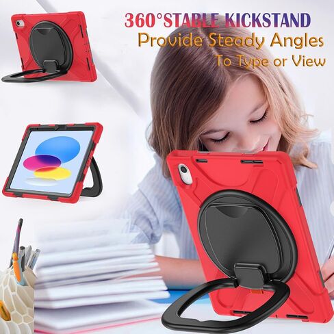 Case for iPad 11th Generation 11" (A16) 2025,iPad 10th Generation 10.9" 2022,Shockproof Cover for Kids with Screen Protector,Rotating Stand,Pencil Holder,Shoulder Strap (Red+Black) in Kuwait