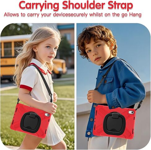 Case for iPad 11th Generation 11" (A16) 2025,iPad 10th Generation 10.9" 2022,Shockproof Cover for Kids with Screen Protector,Rotating Stand,Pencil Holder,Shoulder Strap (Red+Black) in Kuwait