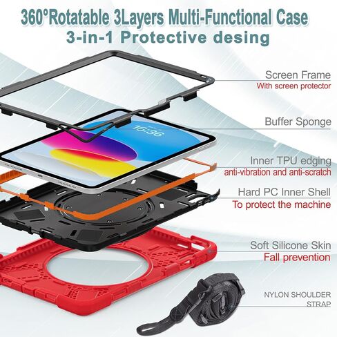 Case for iPad 11th Generation 11" (A16) 2025,iPad 10th Generation 10.9" 2022,Shockproof Cover for Kids with Screen Protector,Rotating Stand,Pencil Holder,Shoulder Strap (Red+Black) in Kuwait