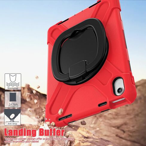 Case for iPad 11th Generation 11" (A16) 2025,iPad 10th Generation 10.9" 2022,Shockproof Cover for Kids with Screen Protector,Rotating Stand,Pencil Holder,Shoulder Strap (Red+Black) in Kuwait