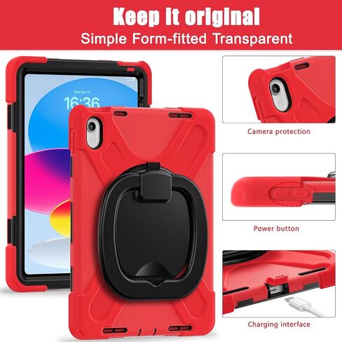 Case for iPad 11th Generation 11" (A16) 2025,iPad 10th Generation 10.9" 2022,Shockproof Cover for Kids with Screen Protector,Rotating Stand,Pencil Holder,Shoulder Strap (Red+Black) in Kuwait
