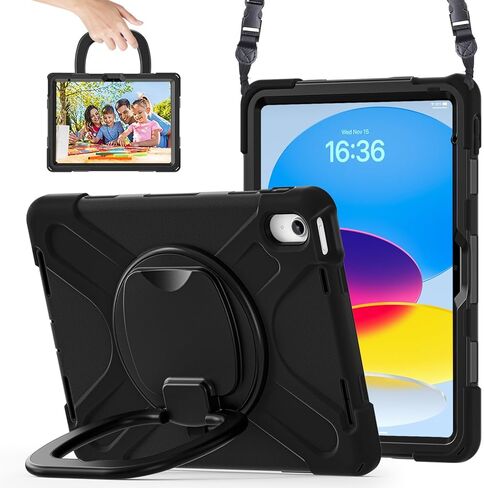 Case for iPad 11th Generation 11" (A16) 2025,iPad 10th Generation 10.9" 2022,Shockproof Cover for Kids with Screen Protector,Rotating Stand,Pencil Holder,Shoulder Strap (Red+Black) in Kuwait