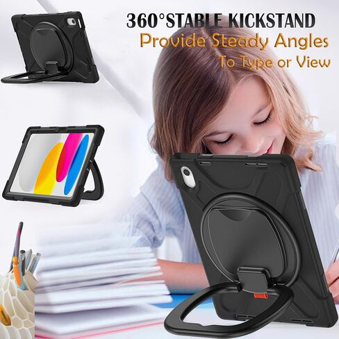 Case for iPad 11th Generation 11" (A16) 2025,iPad 10th Generation 10.9" 2022,Shockproof Cover for Kids with Screen Protector,Rotating Stand,Pencil Holder,Shoulder Strap (Red+Black) in Kuwait