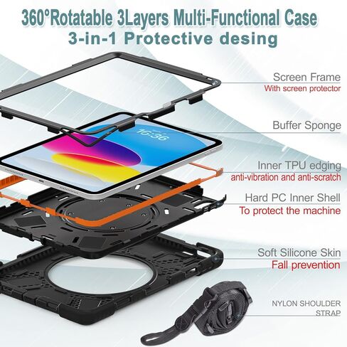 Case for iPad 11th Generation 11" (A16) 2025,iPad 10th Generation 10.9" 2022,Shockproof Cover for Kids with Screen Protector,Rotating Stand,Pencil Holder,Shoulder Strap (Red+Black) in Kuwait