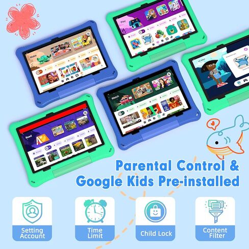Kids Tablet: 10 Inch Android 15 Tablet for Kids, 64GB Octa-Core 6000mAh Battery, WiFi 6, Pre-Installed Kids Apps, Parental Control with EVA Protective Case – Ideal Gift for Toddler, Blue in Saudi Arabia