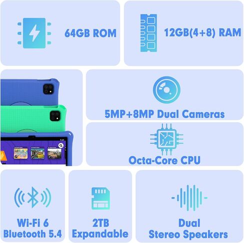 Kids Tablet: 10 Inch Android 15 Tablet for Kids, 64GB Octa-Core 6000mAh Battery, WiFi 6, Pre-Installed Kids Apps, Parental Control with EVA Protective Case – Ideal Gift for Toddler, Blue in Saudi Arabia