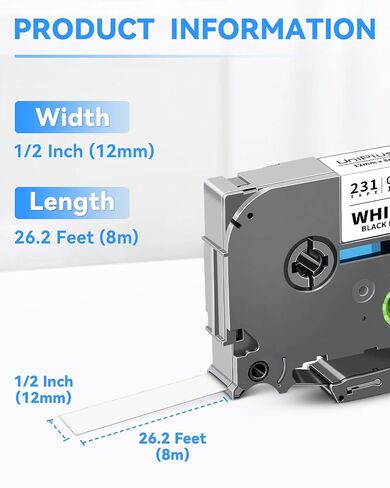 Compatible for Brother P Touch TZe-231 TZe231 TZ-231 Tape Work for Ptouch Refills PT-D210 PT-D220 PT-H100 PT-D600 Label Tape 12mm 0.47 Inch Laminated White TZ Tape, Black on White, 3-Pack in Saudi Arabia