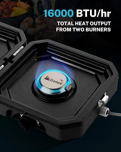 Gonex 2 Burner Propane Camping Stove with Griddle & Grates, Portable Foldable Cooking Stove with Total 16,000 BTU, Two Piezo Ignition Adjustable Burners for Camping, Patio, Emergency, Hiking (Black) in Kuwait