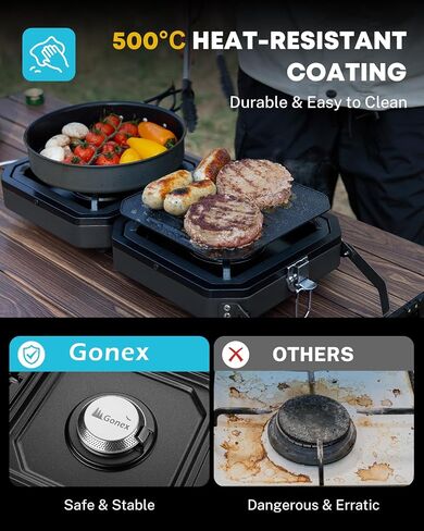 Gonex 2 Burner Propane Camping Stove with Griddle & Grates, Portable Foldable Cooking Stove with Total 16,000 BTU, Two Piezo Ignition Adjustable Burners for Camping, Patio, Emergency, Hiking (Black) in Kuwait