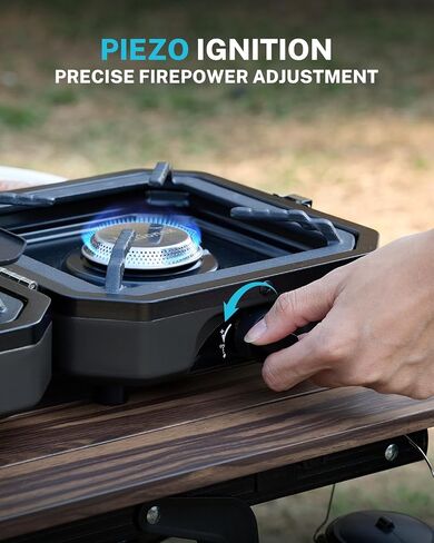Gonex 2 Burner Propane Camping Stove with Griddle & Grates, Portable Foldable Cooking Stove with Total 16,000 BTU, Two Piezo Ignition Adjustable Burners for Camping, Patio, Emergency, Hiking (Black) in Kuwait