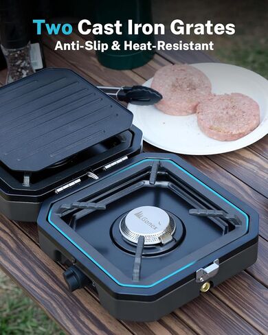 Gonex 2 Burner Propane Camping Stove with Griddle & Grates, Portable Foldable Cooking Stove with Total 16,000 BTU, Two Piezo Ignition Adjustable Burners for Camping, Patio, Emergency, Hiking (Black) in Kuwait