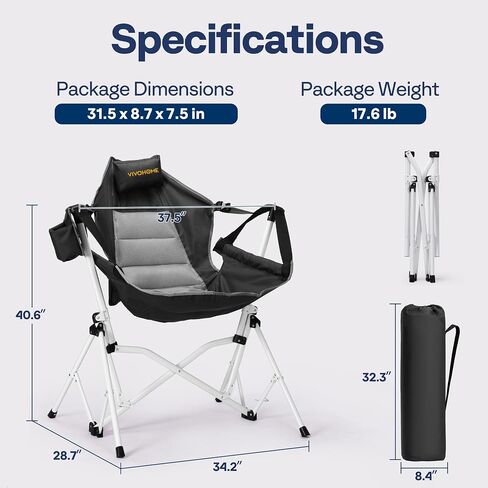 VIVOHOME Hammock Camping Chair, Portable Outdoor Swinging Rocking Chairs for Adults with Adjustable Pillow, Back and Height for Travelling, Backyard, Patio, Supports 400 lbs, 600D Breathable Mesh in Kuwait