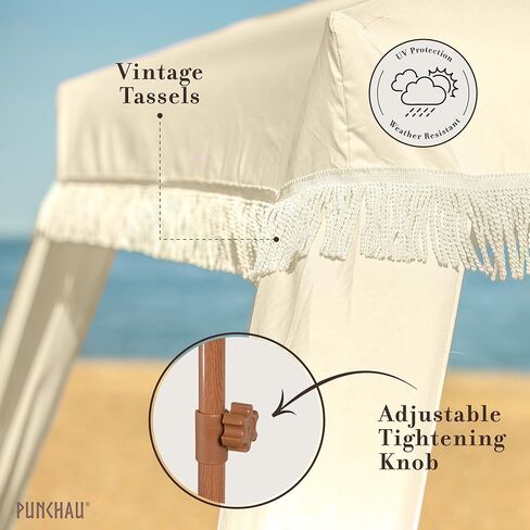 Beach Cabana with Fringe - 6x6 Ft. Boho Beach Canopy Umbrella Tent, Portable Umbrellas for Sand with Carry Bag & Sandbag Pockets, Instant Sun Shade Canopy Tent for Beaches & Backyards in Kuwait
