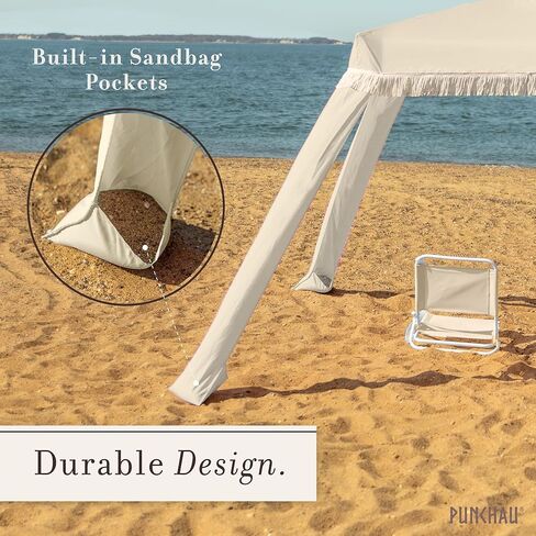 Beach Cabana with Fringe - 6x6 Ft. Boho Beach Canopy Umbrella Tent, Portable Umbrellas for Sand with Carry Bag & Sandbag Pockets, Instant Sun Shade Canopy Tent for Beaches & Backyards in Kuwait