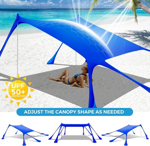 Beach Tent Canopy Pop Up Shade 10x10ft Sun Shelter Portable with UPF50+ UV Protection 8 Sandbags, 4 Aluminum Poles, 2 Sand Shovel, Ground Pegs Carrying Bag for Outdoor Camping Fishing Yard Picnics in Kuwait