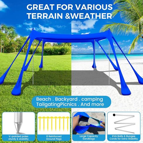 Beach Tent Canopy Pop Up Shade 10x10ft Sun Shelter Portable with UPF50+ UV Protection 8 Sandbags, 4 Aluminum Poles, 2 Sand Shovel, Ground Pegs Carrying Bag for Outdoor Camping Fishing Yard Picnics in Kuwait