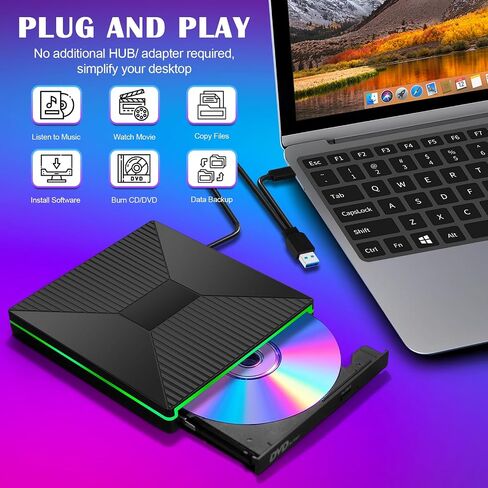 CD DVD Drive with Ambient Lighting USB C CD/DVD +/-Rw Drive CD ROM Burner Reader Writer with USB/ SD/TF Ports & Audio Out, Optical Disc Drive DVD Player for Laptop PC Mac MacBook Air/Pro Windows 11/10 in Saudi Arabia